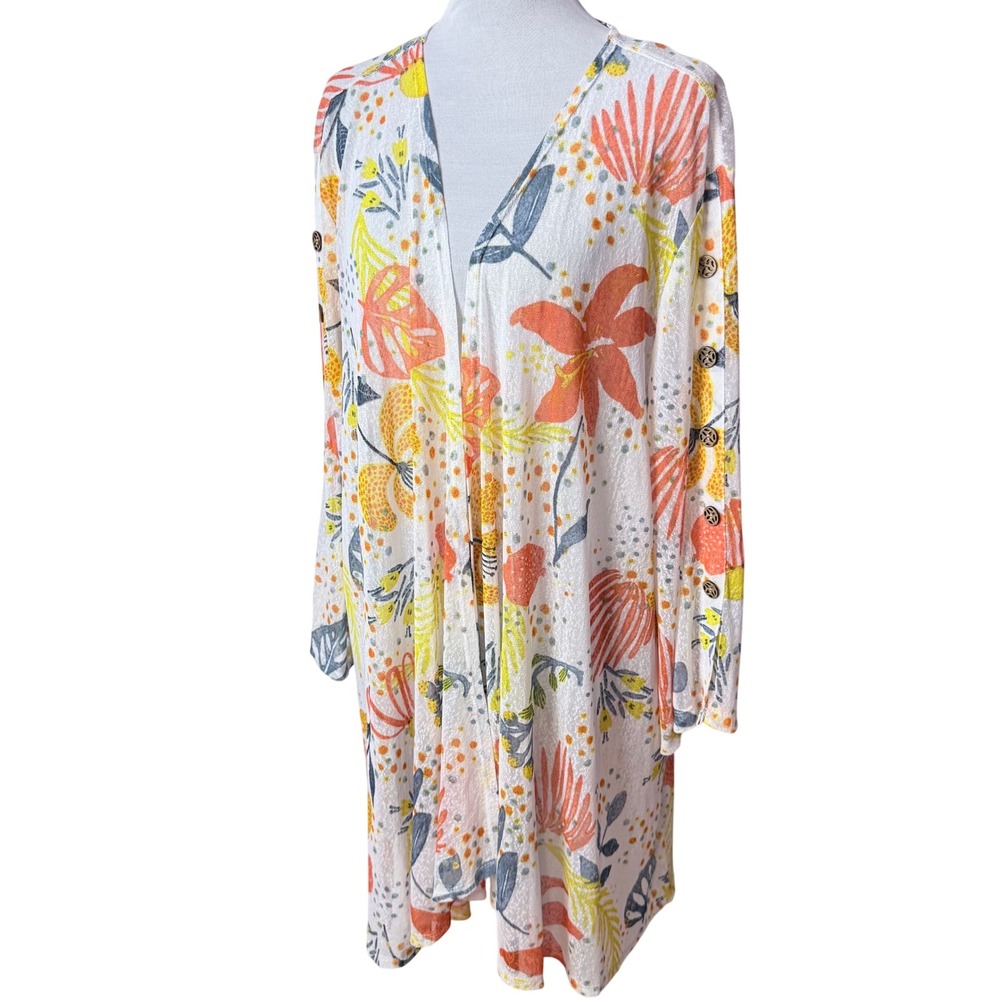 Multiples Cardigan 2X Tropical Floral Long Sleeve Button Detail Boho Summer